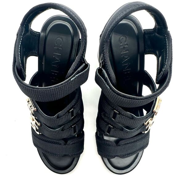 Chanel 24C Gold CHANEL & CC Logo Black Fabric Block Heel Strappy Sandals EU 37 - Picture 14 of 16